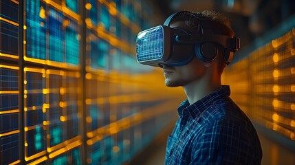 Office scene where an engineer uses a VR headset to develop solar panel projects, with advanced technology tools visible on the desk.