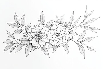 A simple line drawing of a cluster of three dahlias and leaves, perfect for a wedding or celebration invitation.