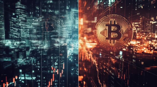 A creative splitscreen image showing traditional financial planning on one side and cryptocurrencybased strategies on the other