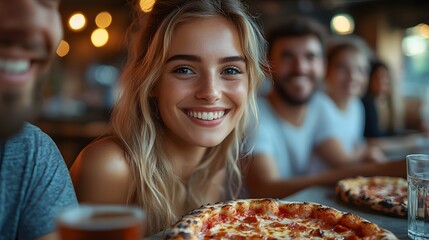 Coworkers from different backgrounds enjoying a relaxed lunch break in the office, eating pizza and drinking coffee, with smiles and lively conversations.