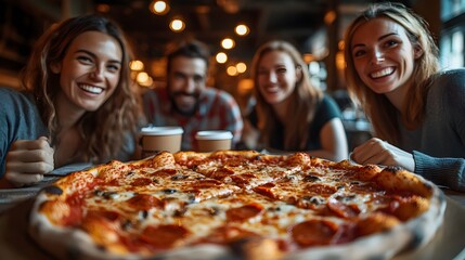 A diverse team of coworkers taking a break in the office, enjoying pizza and coffee together, with smiles and animated conversation.