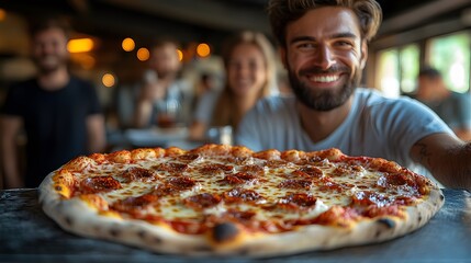 Coworkers from different backgrounds enjoying a relaxed lunch break in the office, eating pizza and drinking coffee, with smiles and lively conversations.