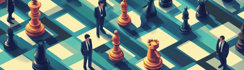 A chessboard where the pieces are iconic startup founders, with venture capitalists as players, all reacting to interest rate shifts