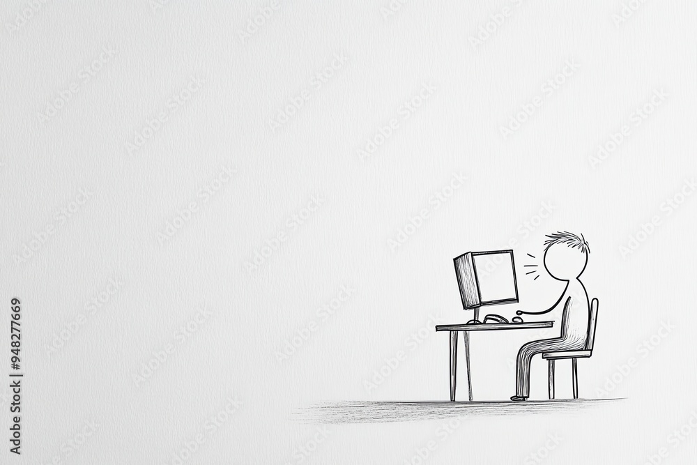 Fototapete a simple pencil drawing of a stick figure man sitting at a computer desk and using a computer.