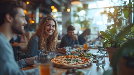 A lively scene of diverse coworkers enjoying a relaxed lunch break in the office, sharing pizza and coffee, with smiles and lighthearted conversation.