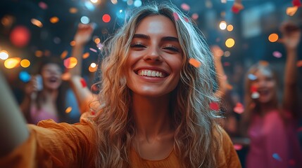 Team of diverse coworkers enjoying a company party, dancing and celebrating their success in a modern office, full of joy and excitement.