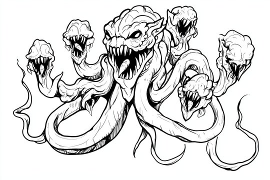 A black and white illustration of a mythical creature with five heads and a serpentine body.