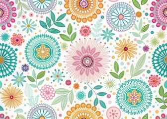 Vibrant abstract floral pattern featuring intricate circles and blooming flowers in pastel hues on a clean white background, perfect for modern home decor and wall art.