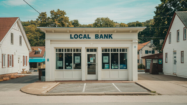 Charming local bank building in a serene neighborhood, featuring a welcoming facade and a spacious parking area.