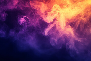 Obraz premium An abstract background with a deep black base, highlighted with swirling orange and purple smoke, and faint ghostly silhouettes drifting through, vibrant colors and smooth gradients tones.