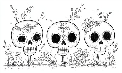 Fototapeta premium Three cartoon skulls with flowers and leaves in a line, hand drawn in black and white.