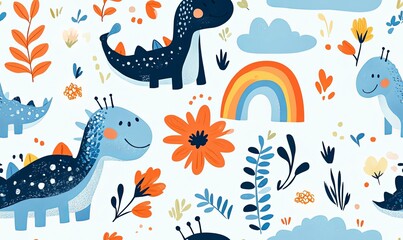 Seamless pattern with cute cartoon dinosaurs, rainbow, clouds and flowers on a white background.