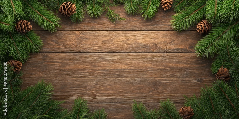 Poster 3d rendering of an old wooden surface adorned with spruce leaves for summer product display concepts