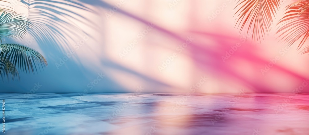 Poster 3d rendering of a minimalistic light background featuring blurred foliage shadows on a wall compleme