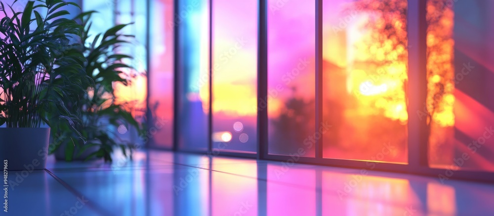 Aufkleber 3d rendering of a blurred background through a home window with sunlight and outdoor elements
