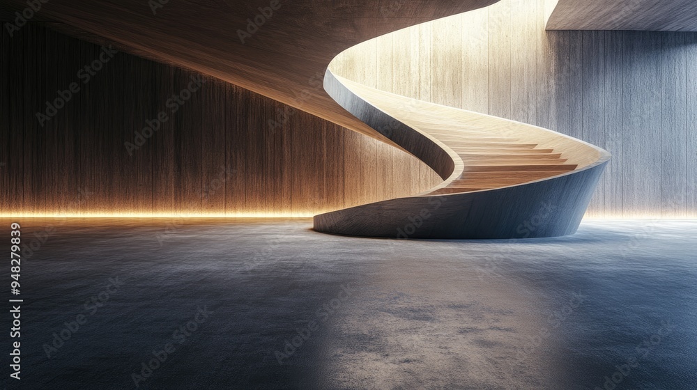 Poster Empty dark abstract interior featuring smooth concrete and wood elements 3D rendering and illustration of architectural design