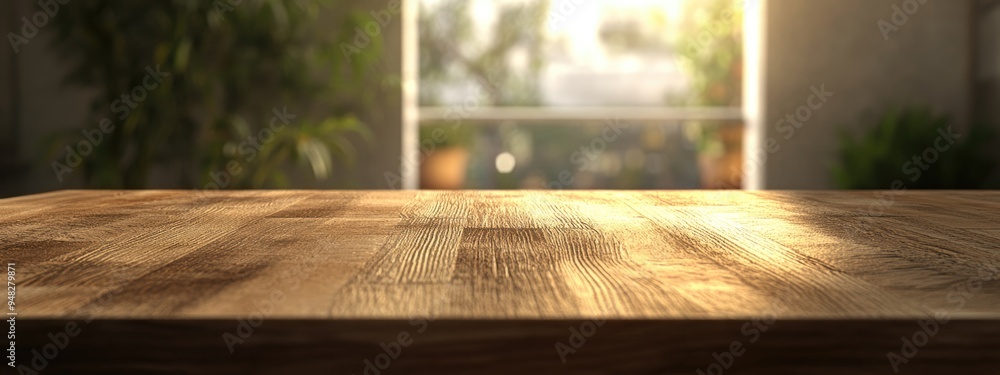 Poster 3d rendering of an empty wooden table with a blurred background ideal for product display or montage