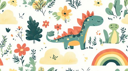 A cheerful dinosaur and a frog surrounded by flowers, leaves, clouds and a rainbow on a white background.