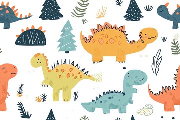 A seamless pattern with dinosaurs, trees and foliage in a playful style.