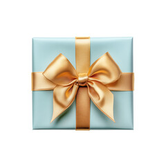Light blue gift box with golden ribbon and bow isolated on transparent background, top view. PNG file.
