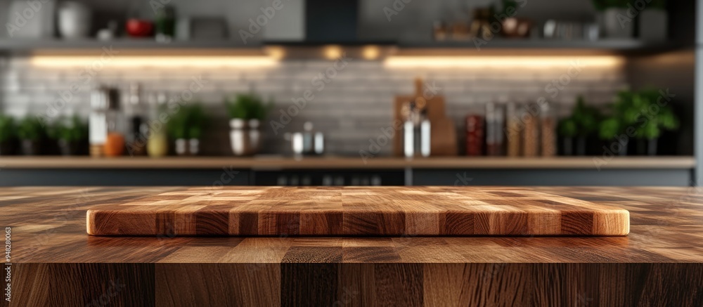 Poster 3d rendering of a selective focus end grain wood countertop featuring a cutting board set against a 