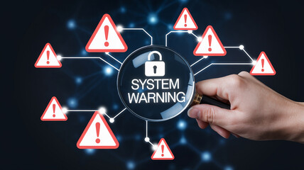 A hand holding a magnifying glass over a system warning symbol, highlighting cybersecurity alerts in a digital environment.