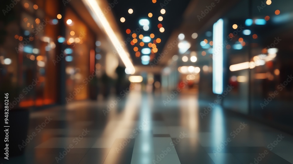Poster 3d rendering of a dark blurred image showcasing a modern shopping mall corridor with a bokeh effect 