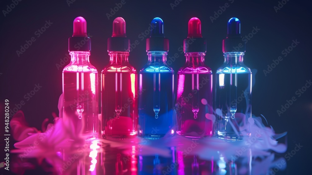Poster five vibrant dropper bottles filled with colorful liquids arranged in a row on a dark background