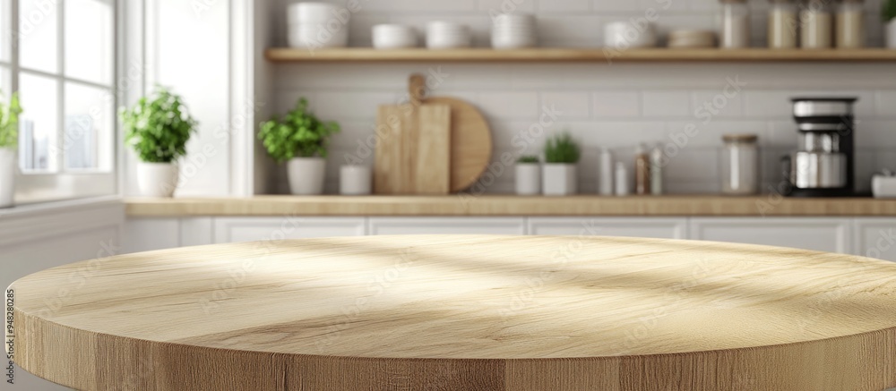 Aufkleber 3d rendering of an empty beautiful round wooden tabletop counter set against a clean and bright kitc