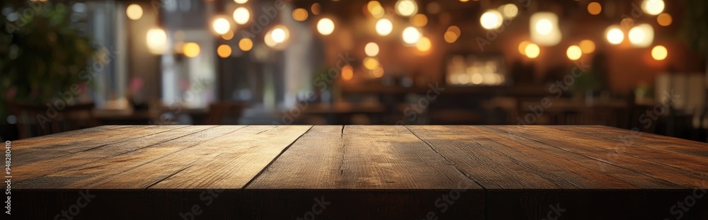 Poster 3d rendering of an empty wooden table top with blurred lights bokeh in a restaurant setting