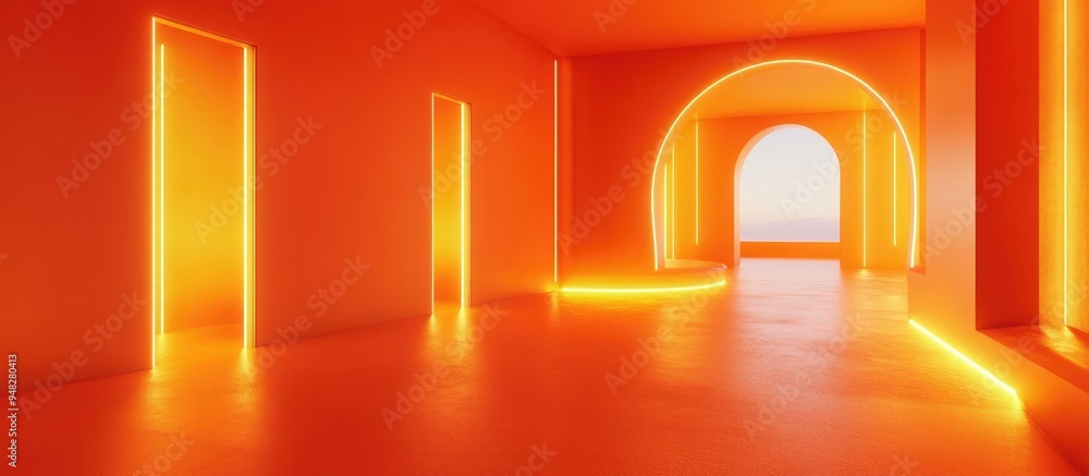 Poster 3d rendering of a vibrant orange modern interior space with an empty room design