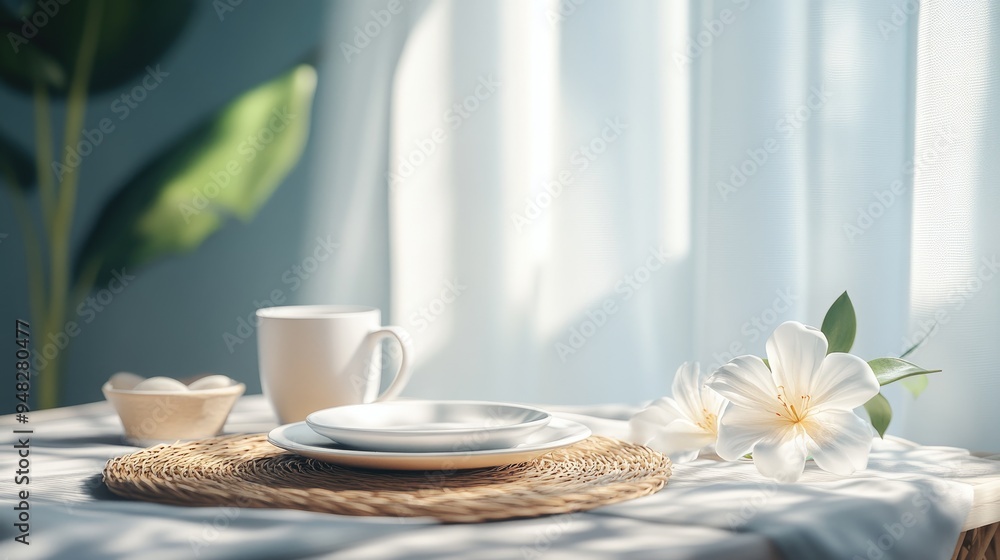 Poster 3d rendering of a tidy table set for snacks or breakfast featuring a straw tableware set elegant pla