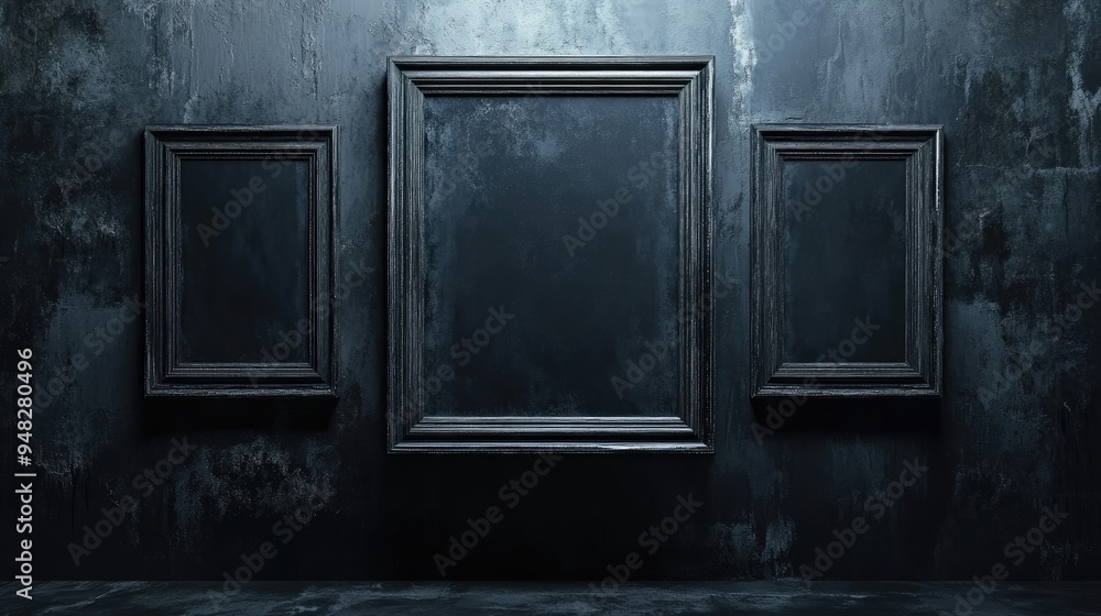 Poster 3d rendering of a dark grunge frame displayed on a wall