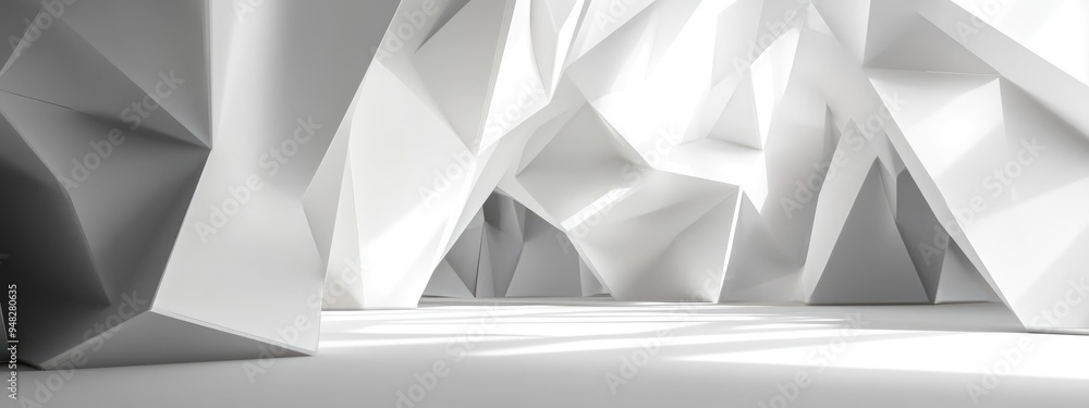 Poster abstract 3d rendering of a white parametric interior with polygonal black shapes