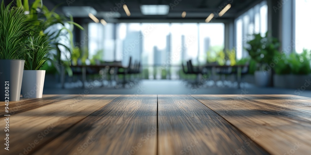Poster 3d rendering of an empty wooden table space platform with a blurred office or meeting room backgroun