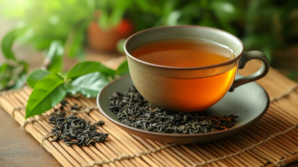 Steaming cup of tea sits on a bamboo mat with loose tea leaves surrounding, perfect for backgrounds or websites related to tea