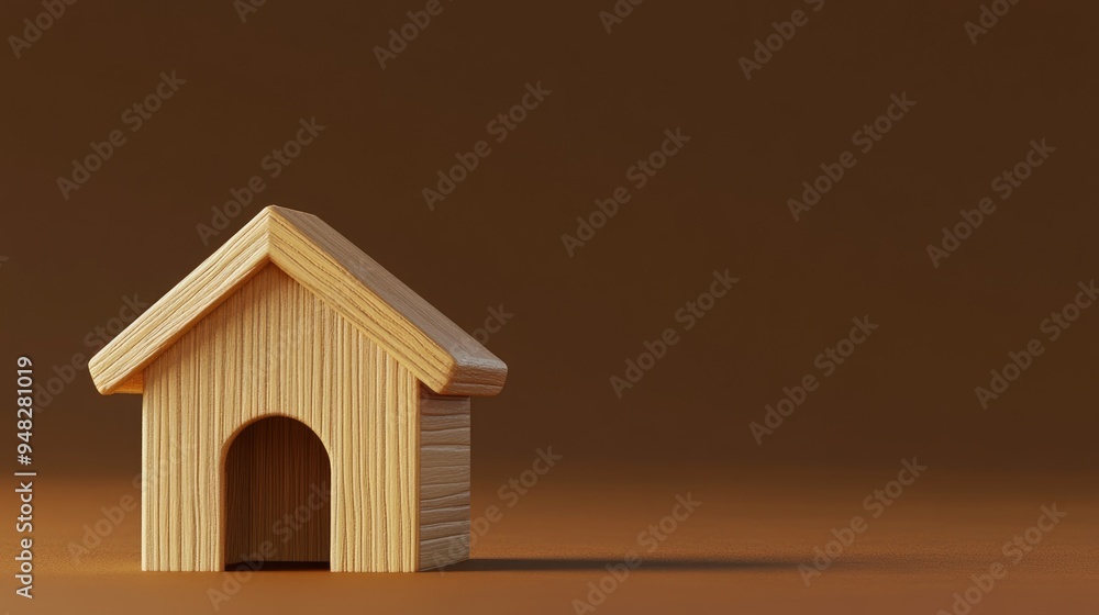 Poster 3d rendering of a miniature wooden house on a brown background featuring empty space for text