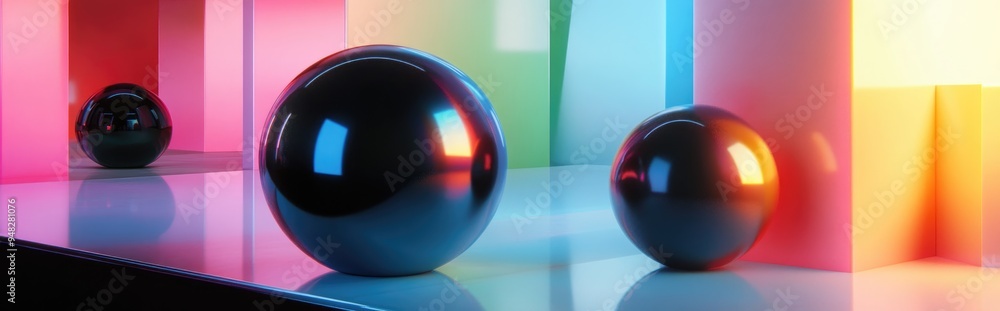 Poster Dynamic abstract interior featuring smooth objects in black and colored gradients 3D rendering