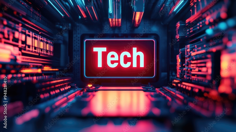 Poster 3d rendering of a neon sign featuring the word tech at the center set against an abstract scene with