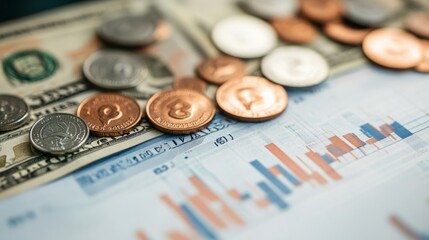 Economic Turmoil Captured: U.S. Currency and Coins with a Descending Financial Graph Reflecting Global Recession and Inflation