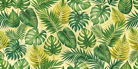 Seamless tropical leaves pattern featuring monstera, philodendron, and palm leaves in light green and yellow tones