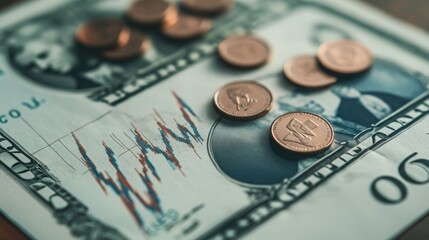 Economic Turmoil Captured: U.S. Currency and Coins with a Descending Financial Graph Reflecting Global Recession and Inflation