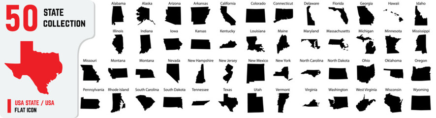 USA 50 flat icon, also includes New York, Texas, Hawaii, Rhode Island, South Carolina, South Dakota, Tennessee, Texas, Vector outline of 50 states with their names 