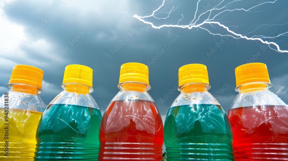 Poster row of colorful dropper bottles and airplane navigating thunderstorm with nearby lightning strikes