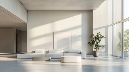 A modern home interior design showing a clean, spacious and open living room with large windows and minimalist furniture