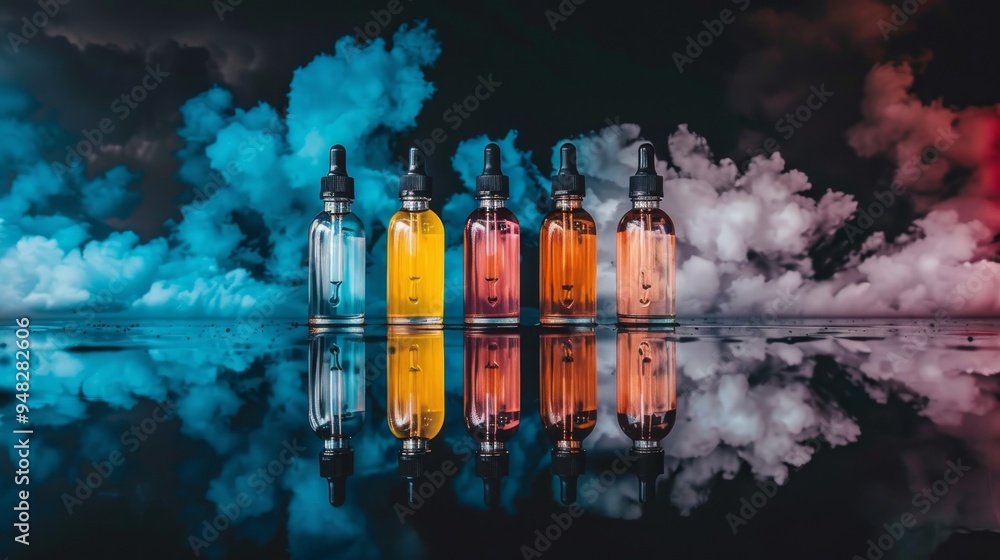 Poster colorful dropper bottles in a row and airplane navigating a thunderstorm with lightning strikes