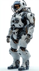 A futuristic astronaut stands in a white space suit against a white background, ready for space exploration.