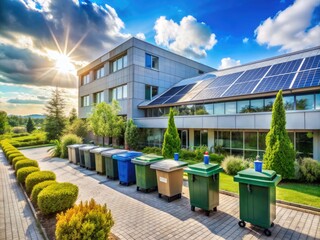 Eco-friendly medical facility with solar panels, recycling bins, and greenery, promoting environmentally responsible healthcare practices and minimizing waste