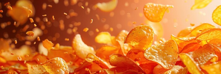 Crispy potato chips flying around a bowl, creating a dynamic, appetizing snack scene.
