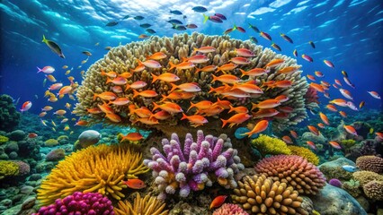 Vibrant harp-shaped coral formation surrounded by diverse schooling fish in the crystal-clear waters of the Great Barrier Reef, showcasing nature's kaleidoscope of colors underwater.